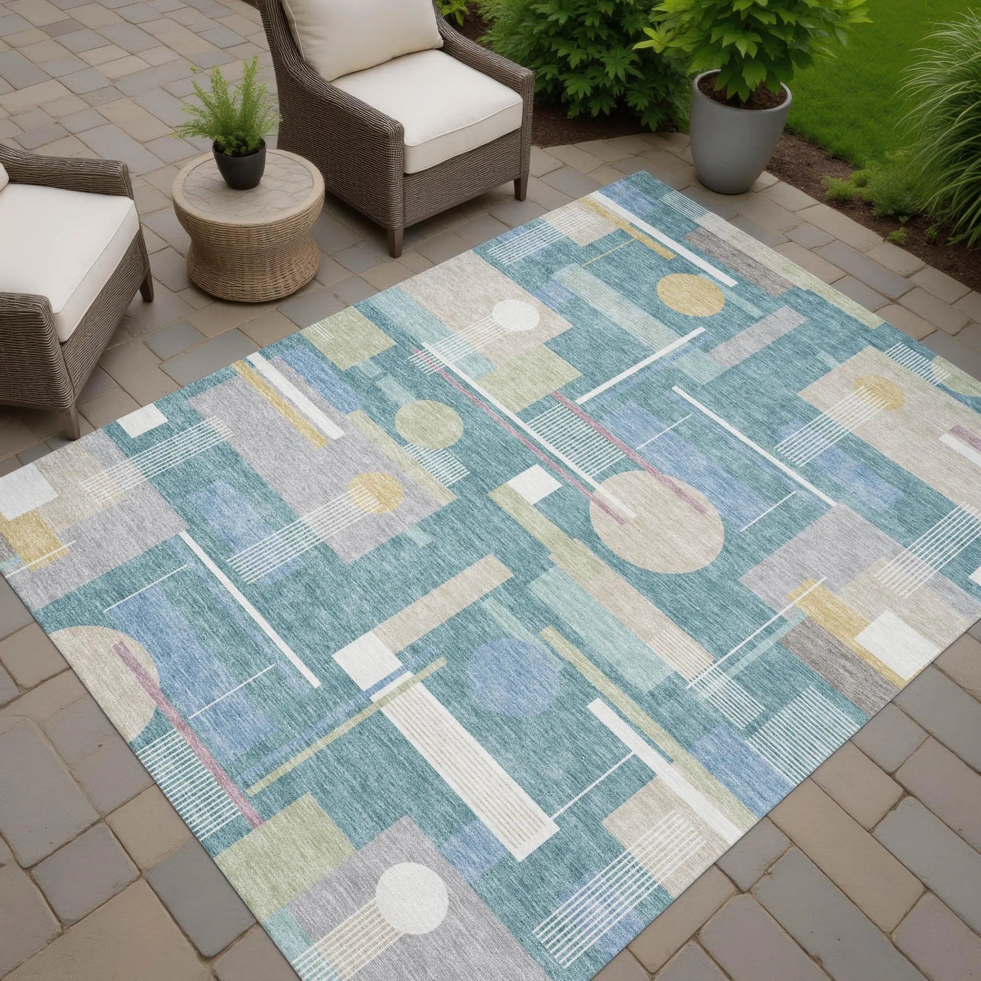 10' X 14' Teal Blue And Silver Geometric Washable Indoor Outdoor Area Rug Homeroots Outdoor