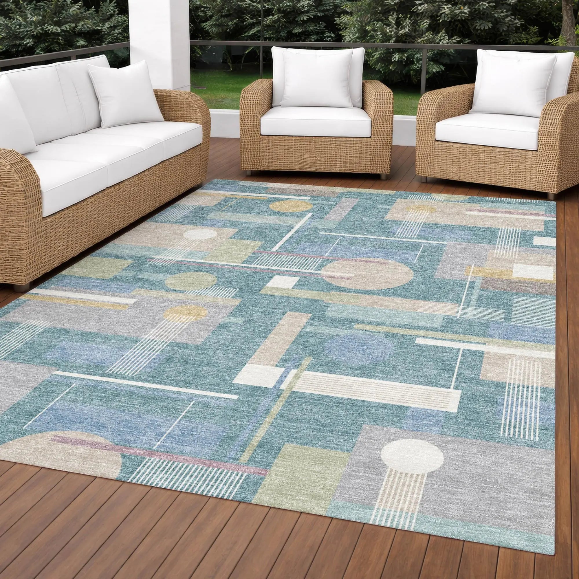 10' X 14' Teal Blue And Silver Geometric Washable Indoor Outdoor Area Rug Homeroots Outdoor