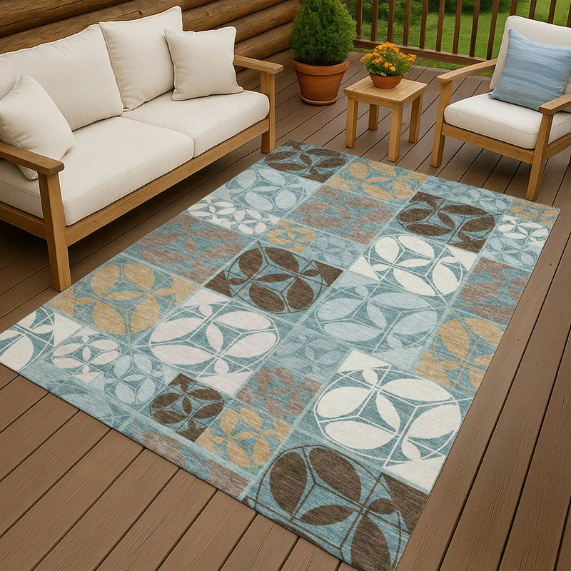 10' X 14' Teal Blue And Silver Geometric Washable Indoor Outdoor Area Rug Homeroots Outdoor