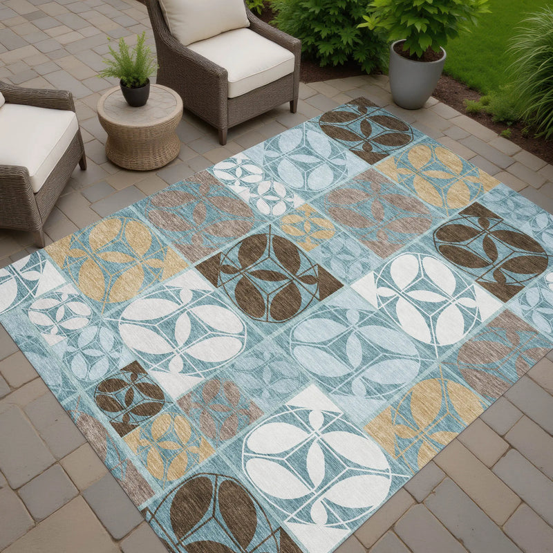 10' X 14' Teal Blue And Silver Geometric Washable Indoor Outdoor Area Rug Homeroots Outdoor