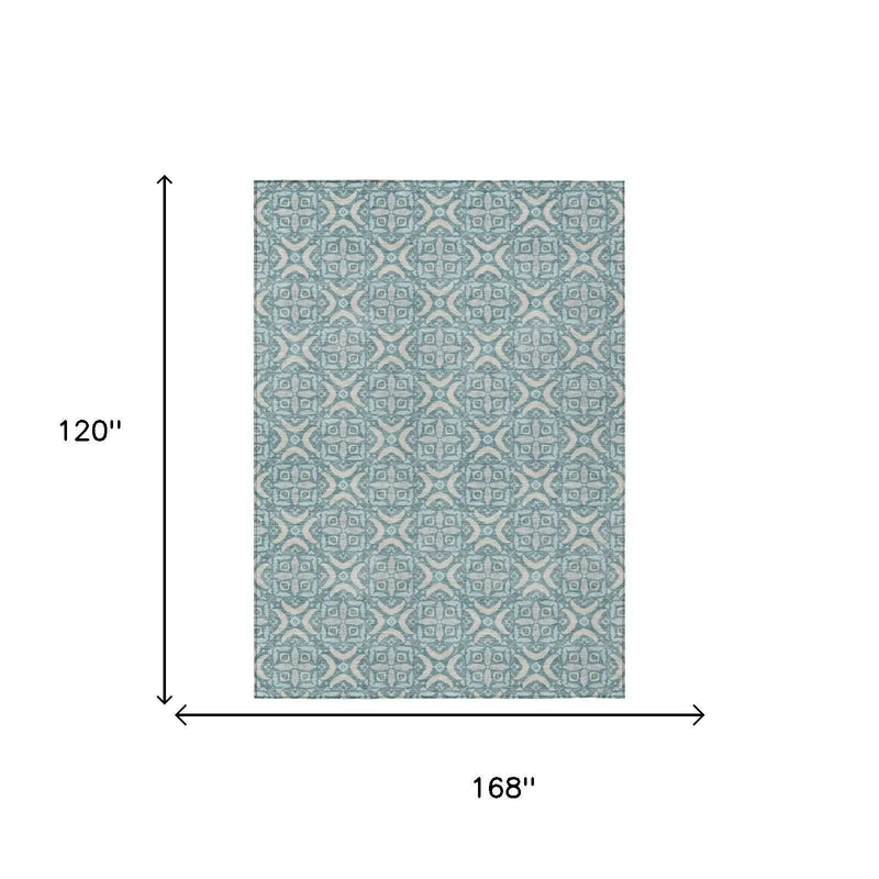 10' X 14' Teal Blue And Silver Geometric Washable Indoor Outdoor Area Rug Homeroots Outdoor