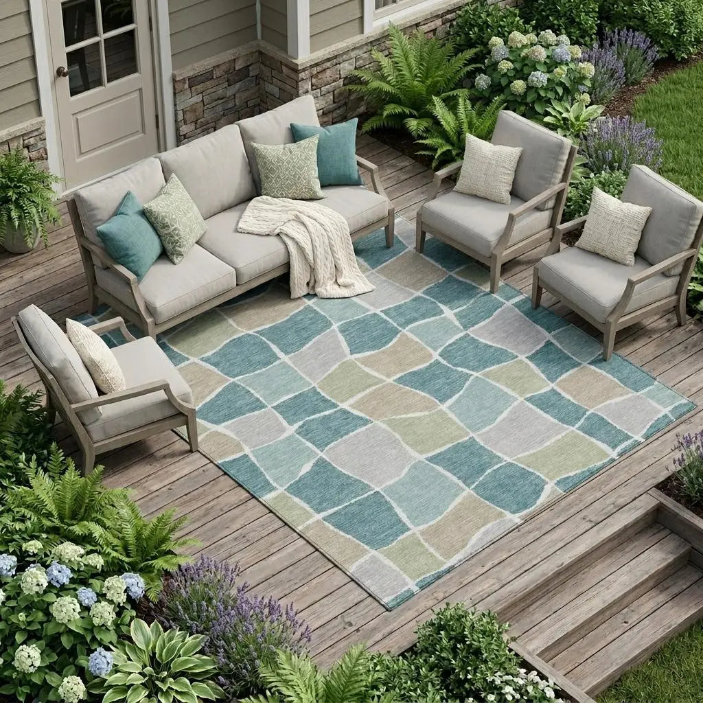 10' X 14' Teal Blue And Silver Geometric Washable Indoor Outdoor Area Rug Homeroots Outdoor