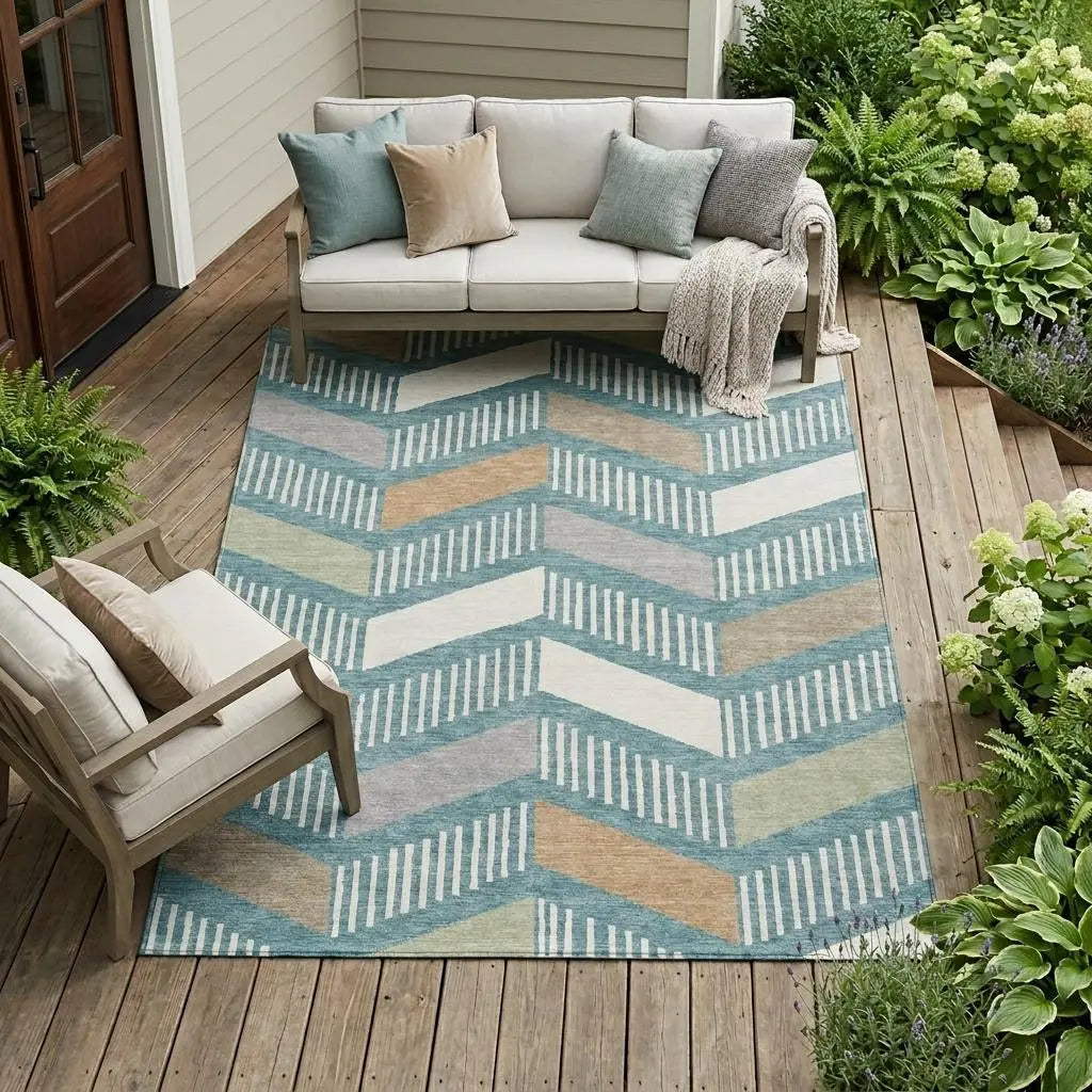 10' X 14' Teal Blue And Silver Geometric Washable Indoor Outdoor Area Rug Homeroots Outdoor