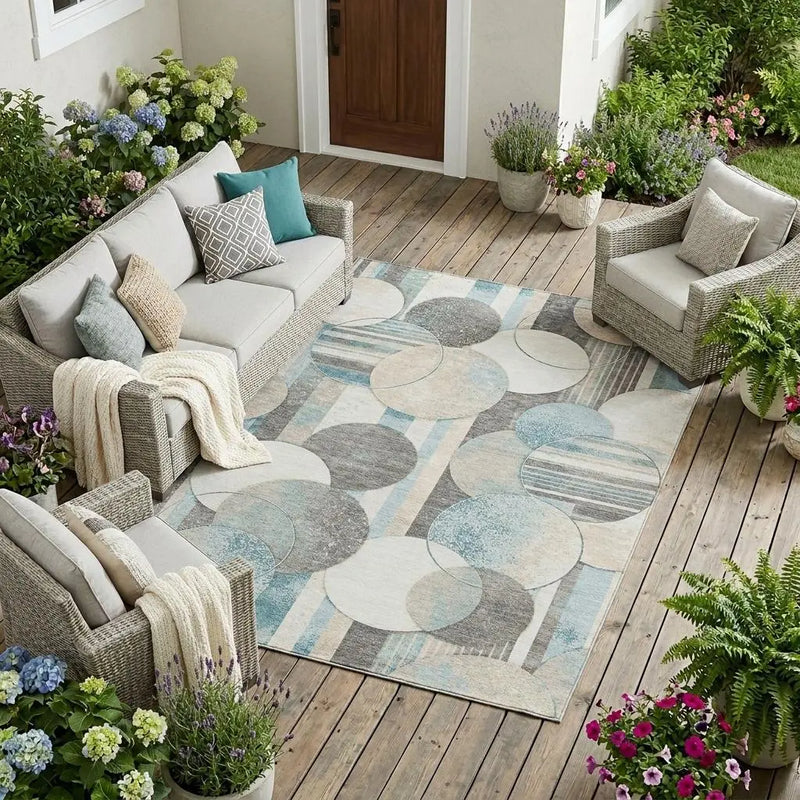10' X 14' Teal Blue And Silver Geometric Washable Indoor Outdoor Area Rug Homeroots Outdoor