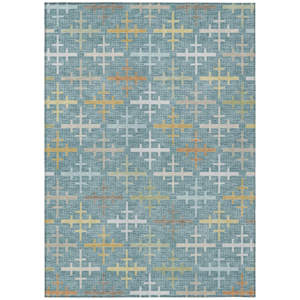 10' X 14' Teal Blue And Silver Geometric Washable Indoor Outdoor Area Rug Homeroots Outdoor