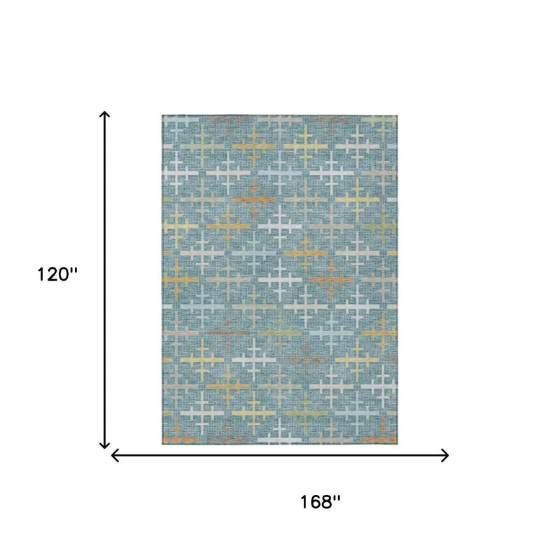10' X 14' Teal Blue And Silver Geometric Washable Indoor Outdoor Area Rug Homeroots Outdoor