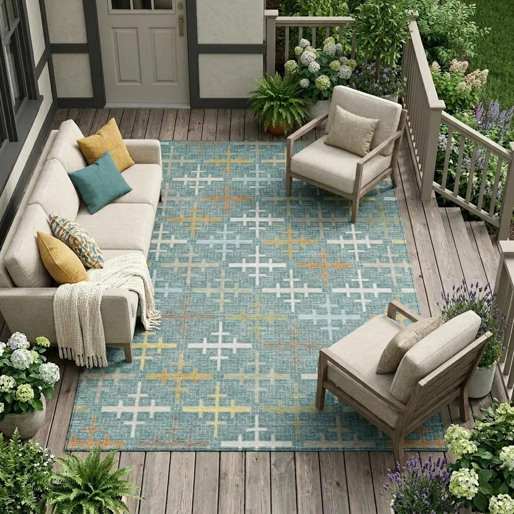 10' X 14' Teal Blue And Silver Geometric Washable Indoor Outdoor Area Rug Homeroots Outdoor