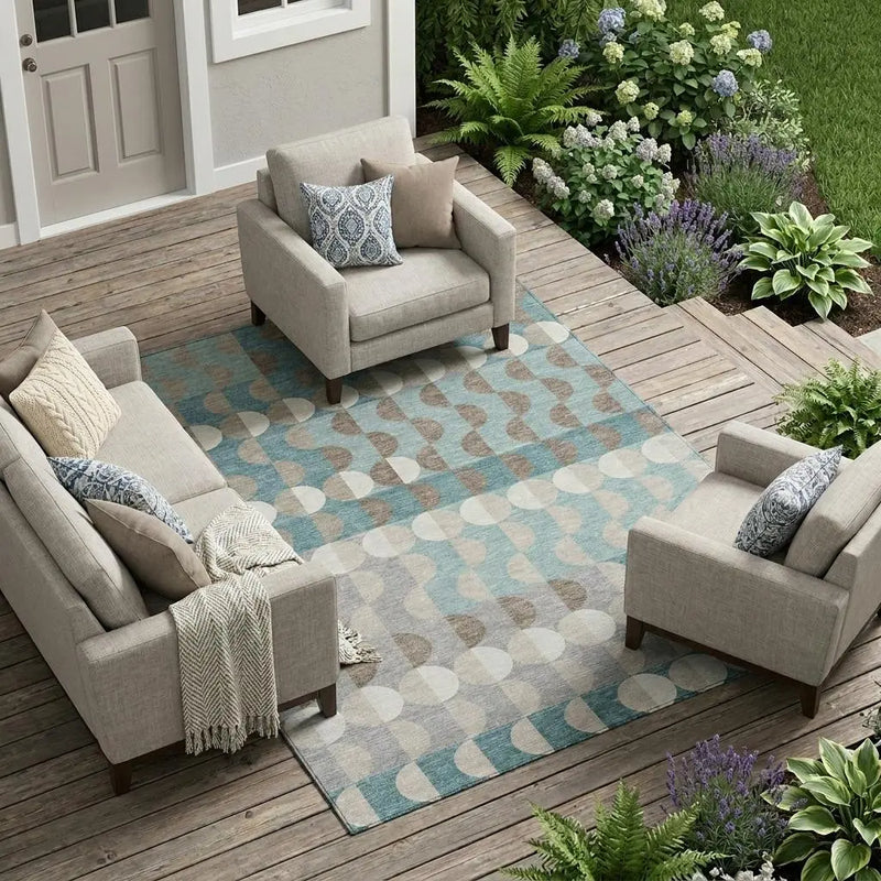10' X 14' Teal Blue And Silver Geometric Washable Indoor Outdoor Area Rug Homeroots Outdoor