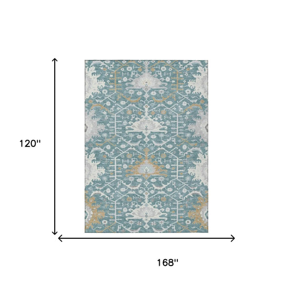 10' X 14' Teal Blue And Silver Oriental Washable Indoor Outdoor Area Rug Homeroots Outdoor