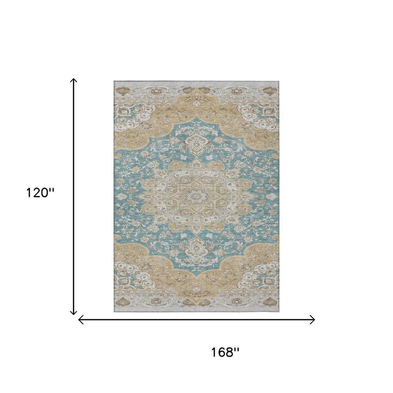 10' X 14' Teal Blue And Silver Oriental Washable Indoor Outdoor Area Rug Homeroots Outdoor