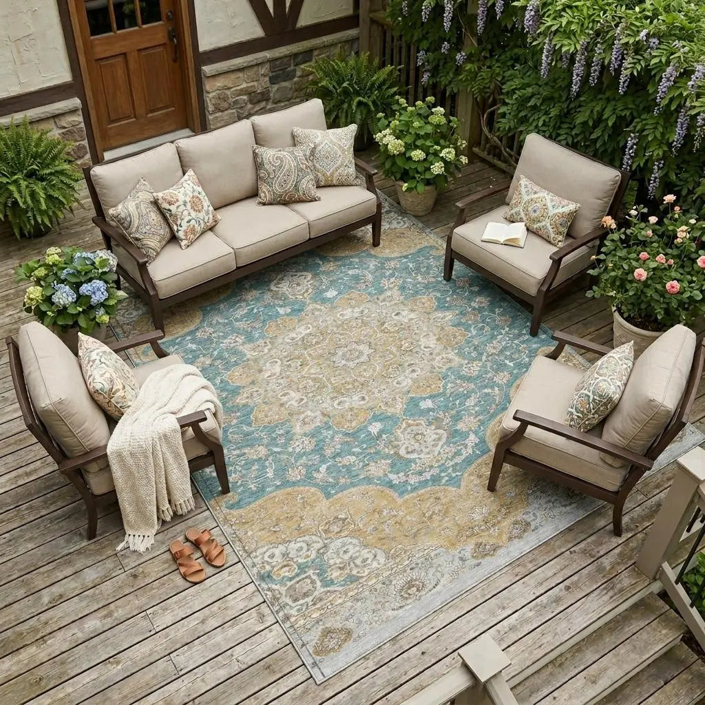 10' X 14' Teal Blue And Silver Oriental Washable Indoor Outdoor Area Rug Homeroots Outdoor