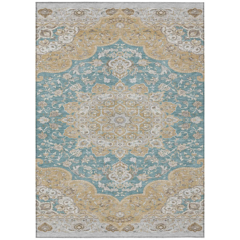 10' X 14' Teal Blue And Silver Oriental Washable Indoor Outdoor Area Rug Homeroots Outdoor