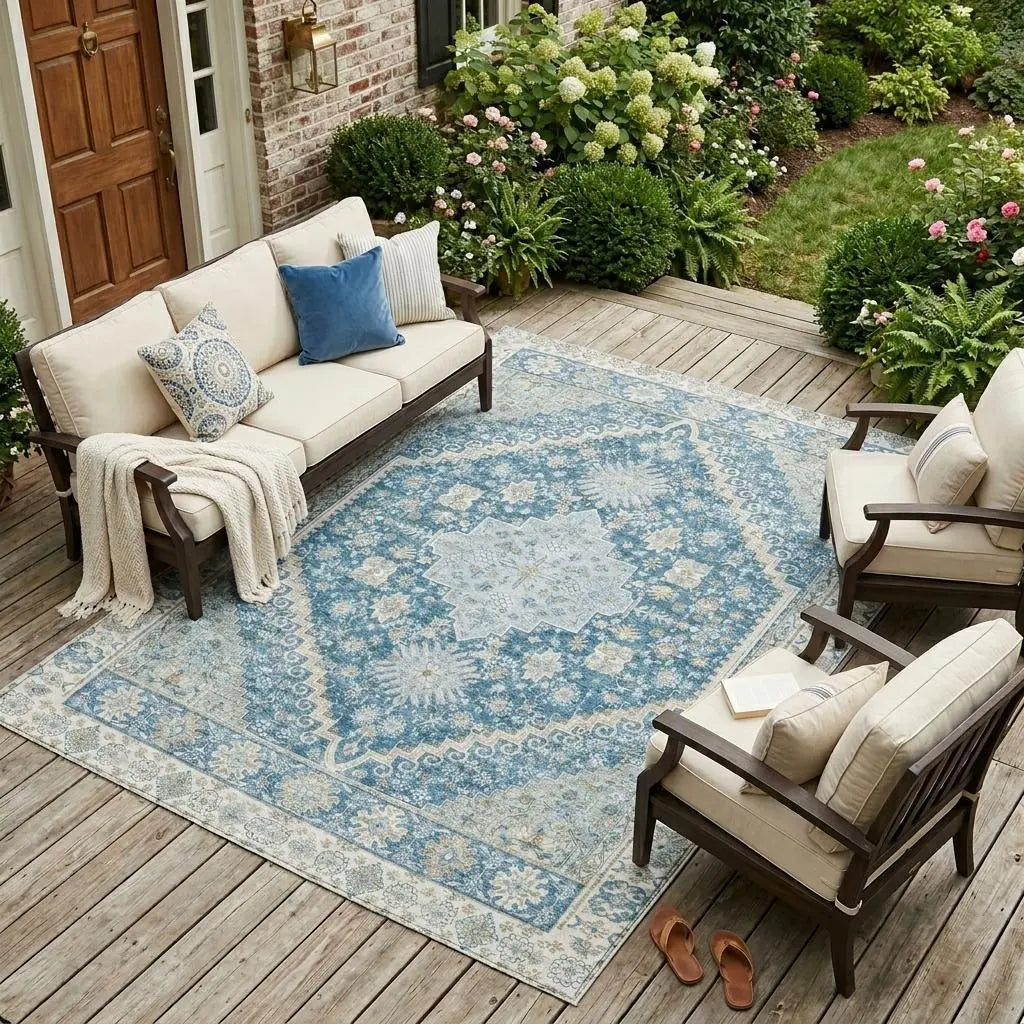 10' X 14' Teal Blue And Silver Oriental Washable Indoor Outdoor Area Rug Homeroots Outdoor