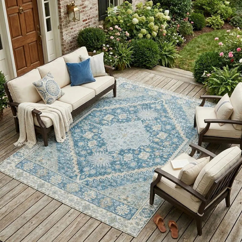 10' X 14' Teal Blue And Silver Oriental Washable Indoor Outdoor Area Rug Homeroots Outdoor