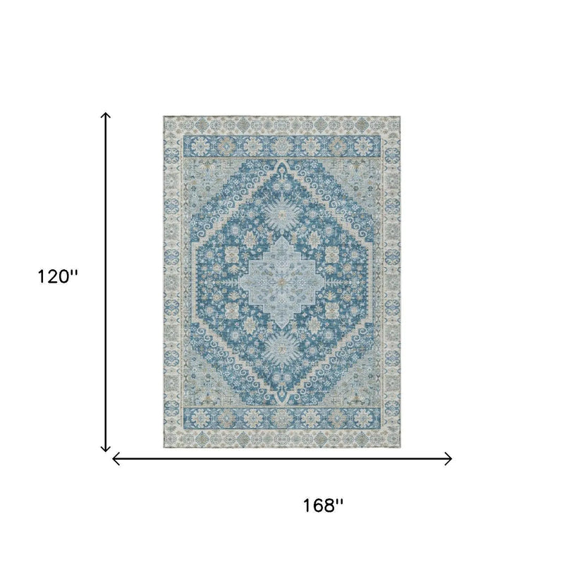 10' X 14' Teal Blue And Silver Oriental Washable Indoor Outdoor Area Rug Homeroots Outdoor