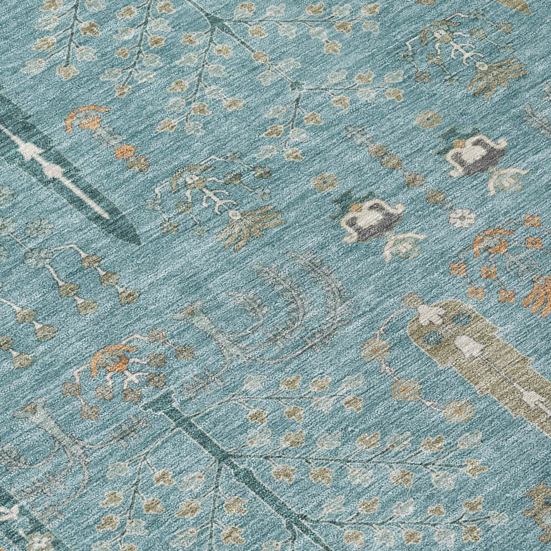 10' X 14' Teal Blue And Silver Oriental Washable Indoor Outdoor Area Rug Homeroots Outdoor