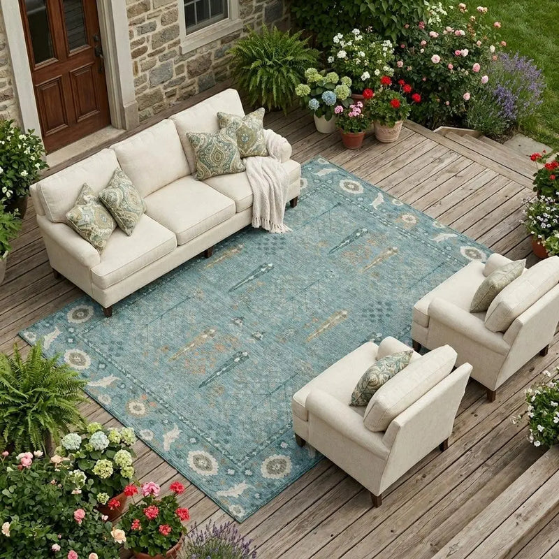 10' X 14' Teal Blue And Silver Oriental Washable Indoor Outdoor Area Rug Homeroots Outdoor