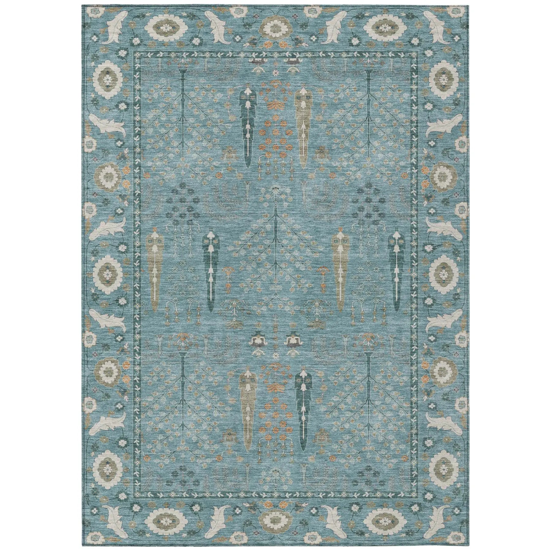 10' X 14' Teal Blue And Silver Oriental Washable Indoor Outdoor Area Rug Homeroots Outdoor