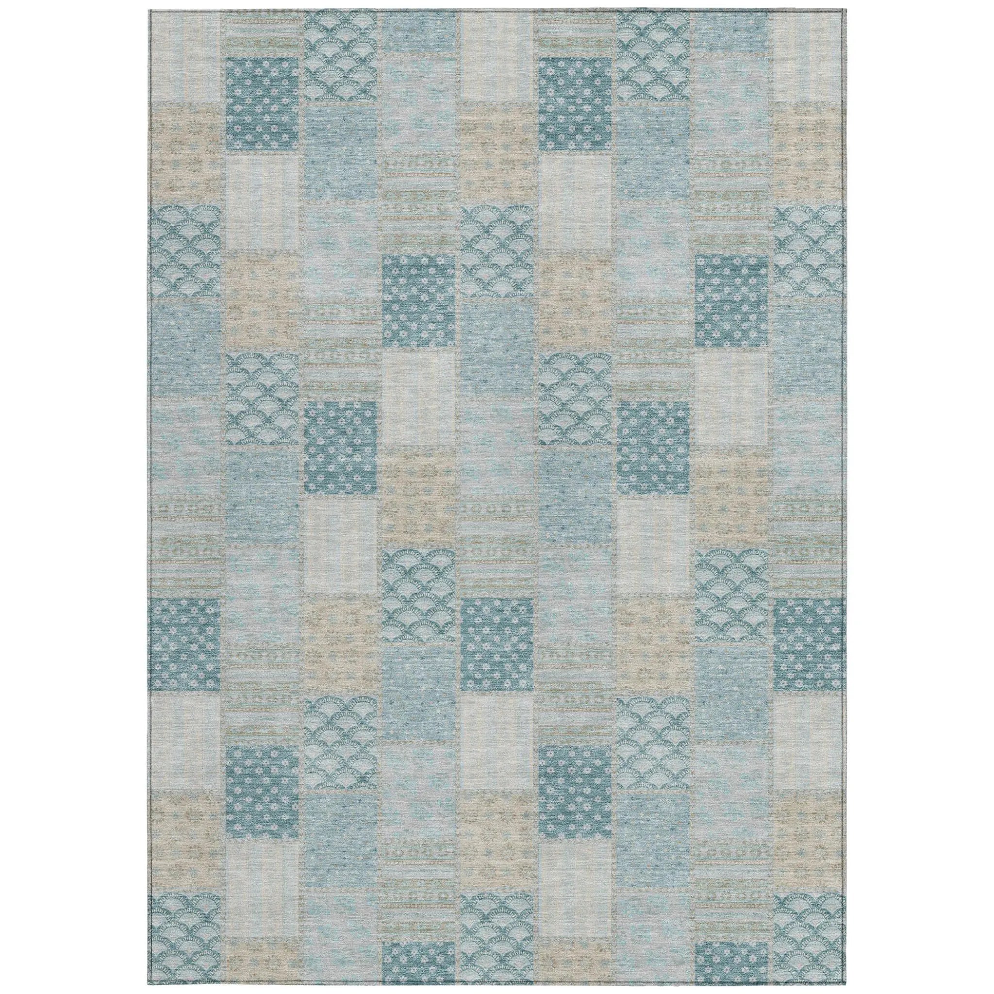 10' X 14' Teal Blue And Silver Patchwork Washable Indoor Outdoor Area Rug Homeroots Outdoor