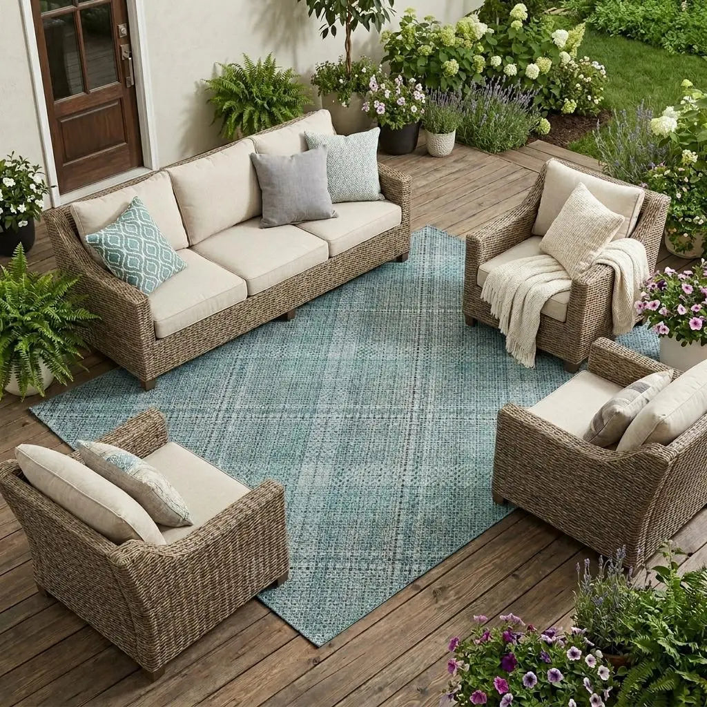 10' X 14' Teal Blue And Silver Plaid Washable Indoor Outdoor Area Rug Homeroots Outdoor