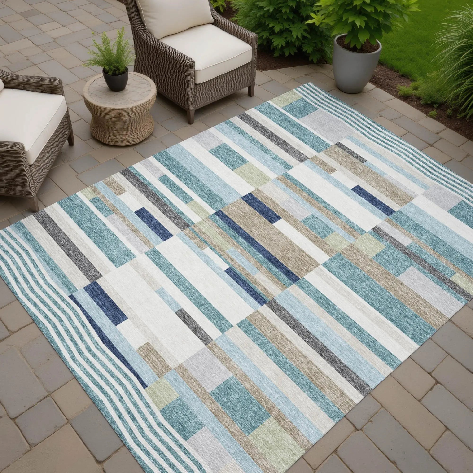 10' X 14' Teal Blue And Silver Striped Washable Indoor Outdoor Area Rug Homeroots Outdoor