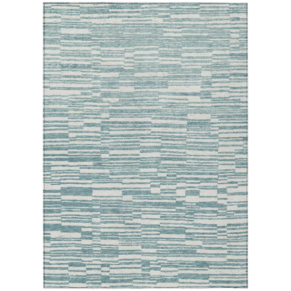 10' X 14' Teal Blue And Silver Striped Washable Indoor Outdoor Area Rug Homeroots Outdoor