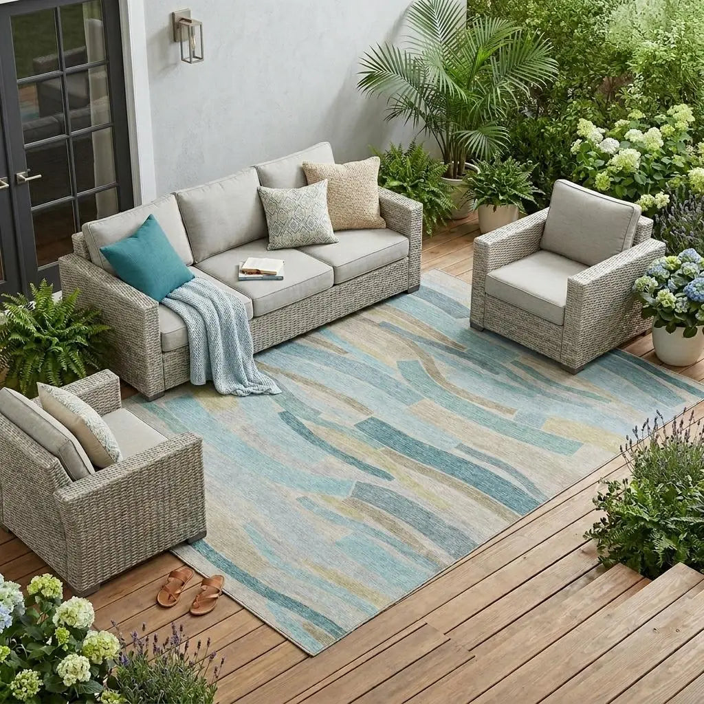 10' X 14' Teal Blue And Silver Striped Washable Indoor Outdoor Area Rug Homeroots Outdoor