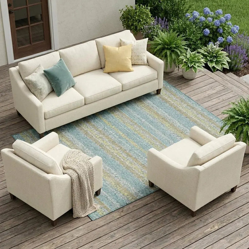 10' X 14' Teal Blue And Silver Striped Washable Indoor Outdoor Area Rug Homeroots Outdoor