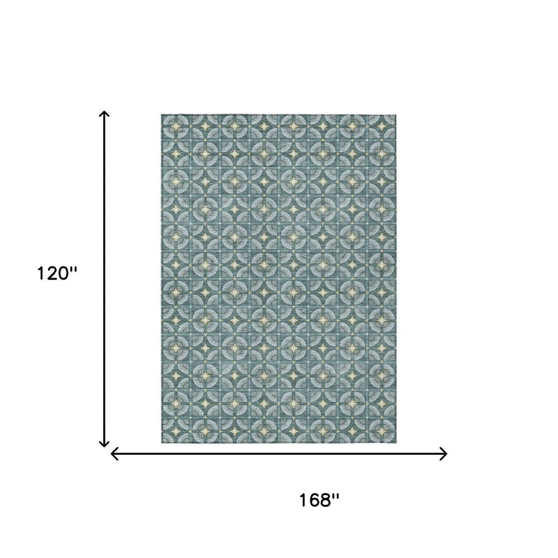 10' X 14' Teal Blue And Sky Blue Geometric Washable Indoor Outdoor Area Rug Homeroots Outdoor