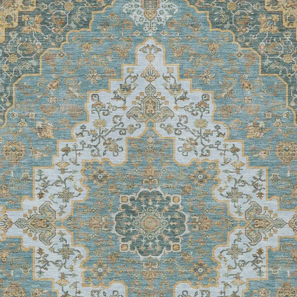 10' X 14' Teal Blue And Sky Blue Medallion Washable Indoor Outdoor Area Rug Homeroots Outdoor