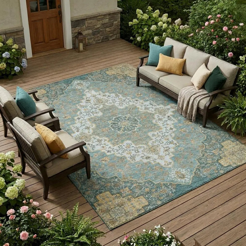 10' X 14' Teal Blue And Sky Blue Medallion Washable Indoor Outdoor Area Rug Homeroots Outdoor