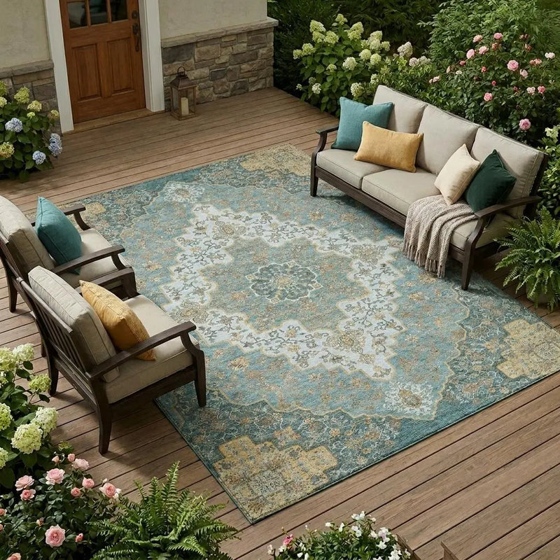 10' X 14' Teal Blue And Sky Blue Medallion Washable Indoor Outdoor Area Rug Homeroots Outdoor