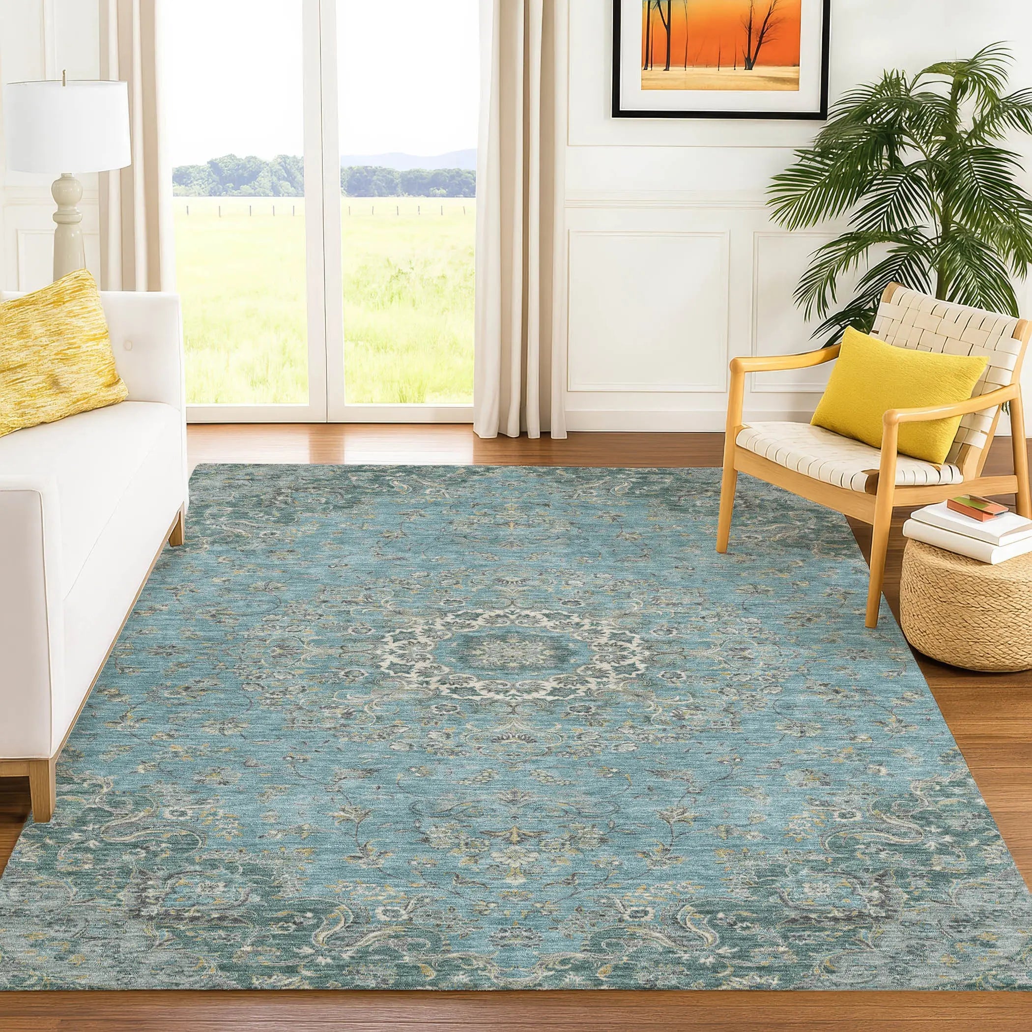 10' X 14' Teal Blue And Turquoise Floral Medallion Washable Indoor Outdoor Area Rug Homeroots Outdoor
