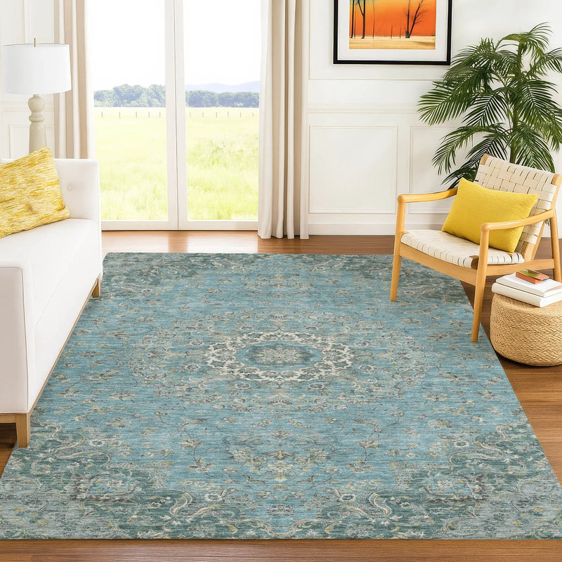 10' X 14' Teal Blue And Turquoise Floral Medallion Washable Indoor Outdoor Area Rug Homeroots Outdoor