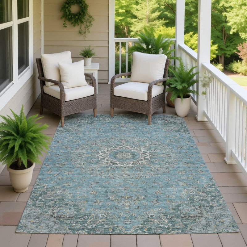 10' X 14' Teal Blue And Turquoise Floral Medallion Washable Indoor Outdoor Area Rug Homeroots Outdoor