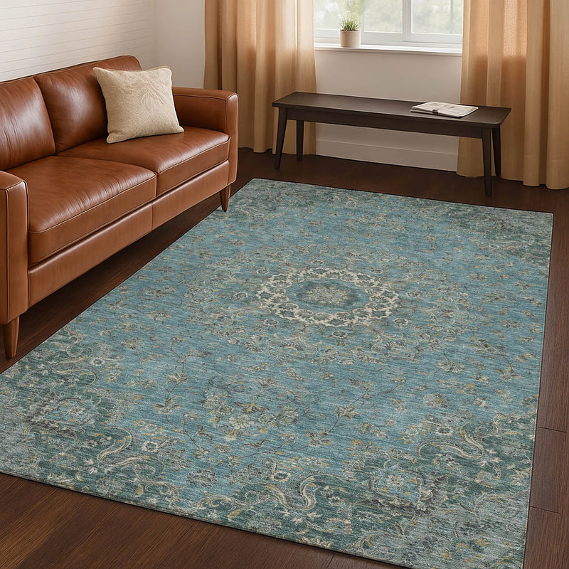10' X 14' Teal Blue And Turquoise Floral Medallion Washable Indoor Outdoor Area Rug Homeroots Outdoor