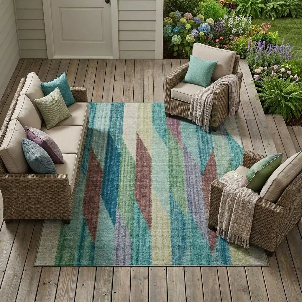 10' X 14' Teal Blue And Turquoise Striped Washable Indoor Outdoor Area Rug Homeroots Outdoor