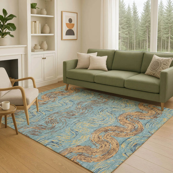 10' X 14' Teal Blue And Wheat Abstract Washable Indoor Outdoor Area Rug Homeroots Outdoor