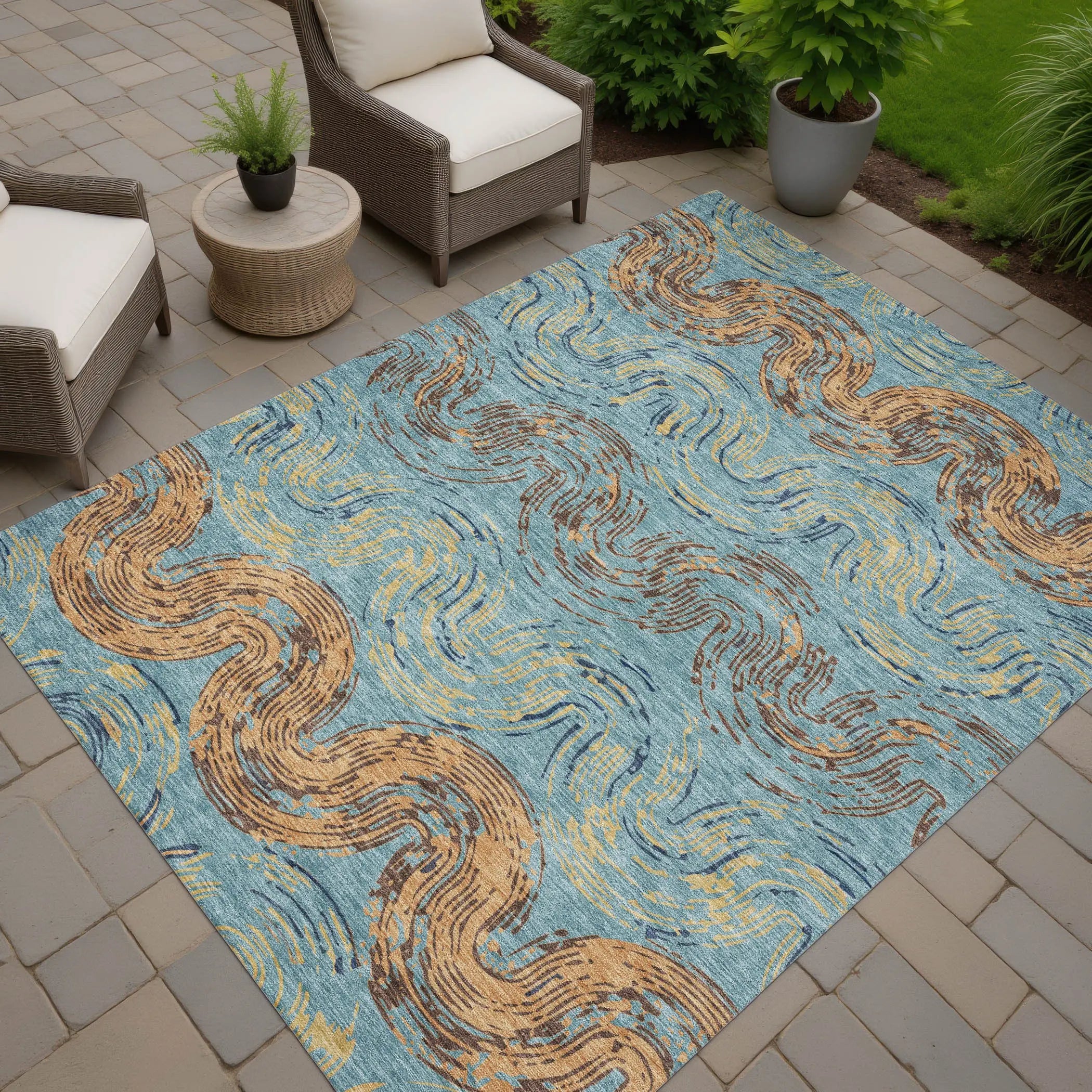 10' X 14' Teal Blue And Wheat Abstract Washable Indoor Outdoor Area Rug Homeroots Outdoor