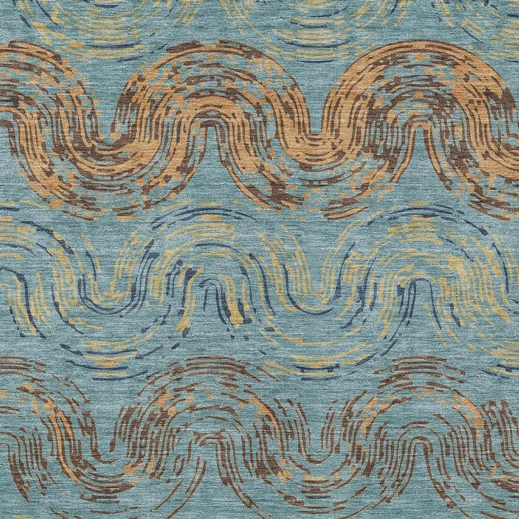 10' X 14' Teal Blue And Wheat Abstract Washable Indoor Outdoor Area Rug Homeroots Outdoor