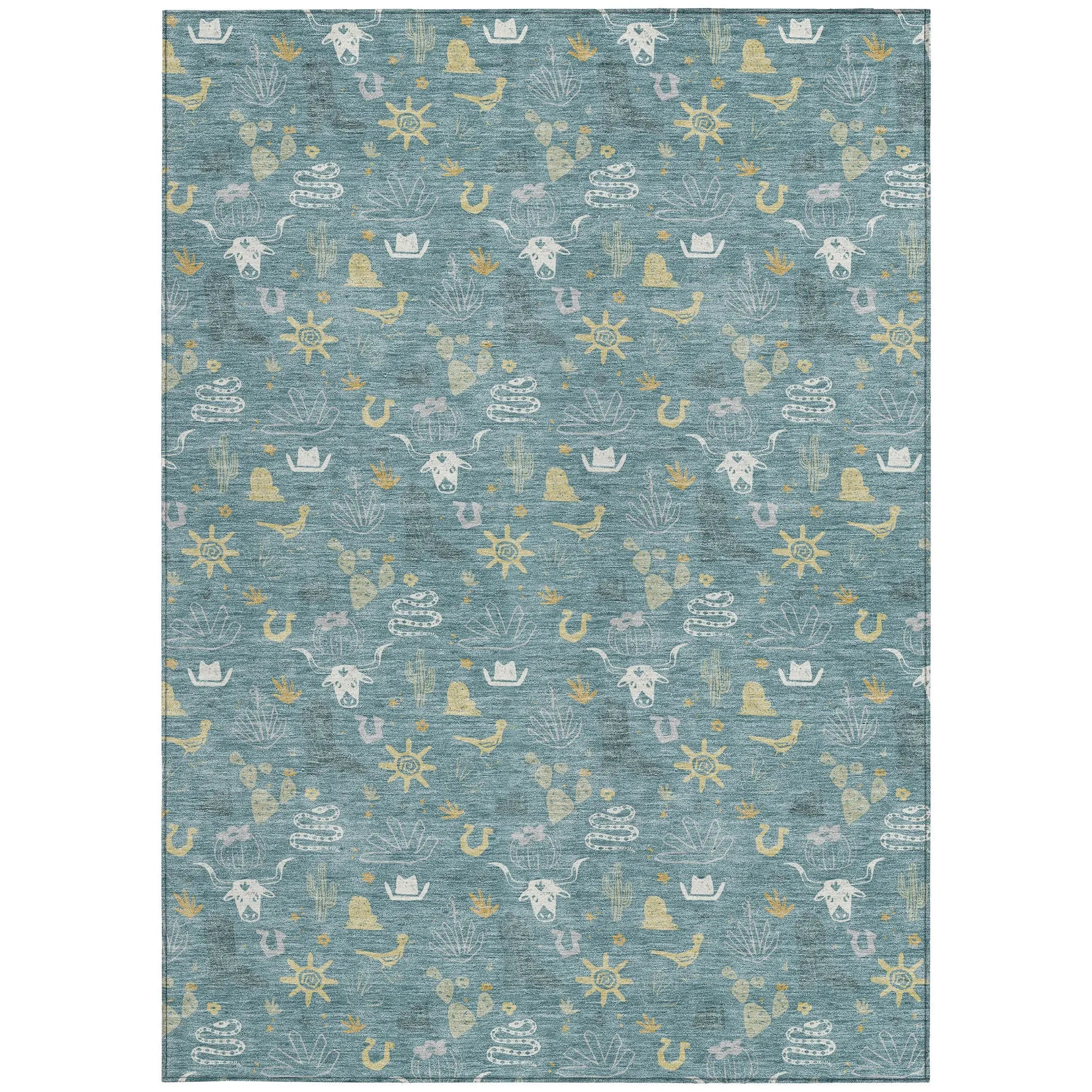 10' X 14' Teal Blue And Wheat Cactus Washable Indoor Outdoor Area Rug Homeroots Outdoor