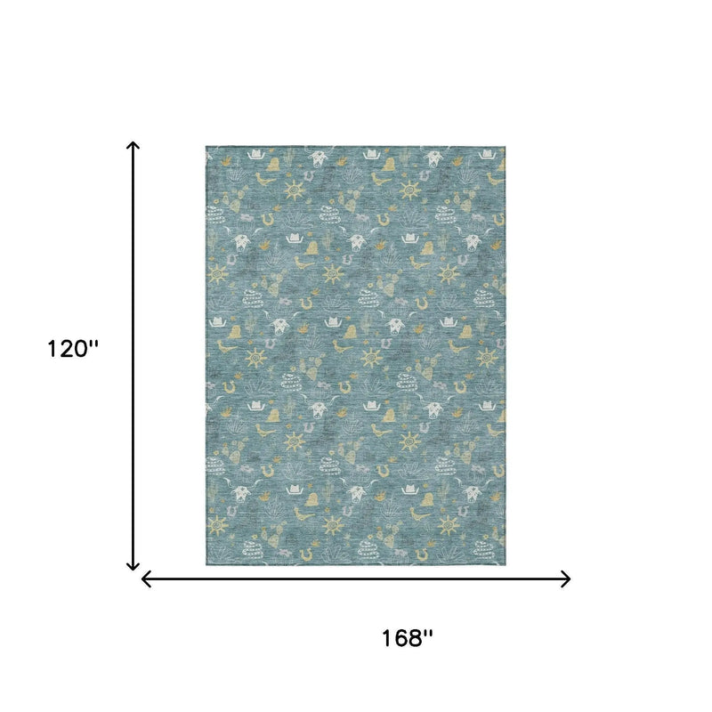 10' X 14' Teal Blue And Wheat Cactus Washable Indoor Outdoor Area Rug Homeroots Outdoor
