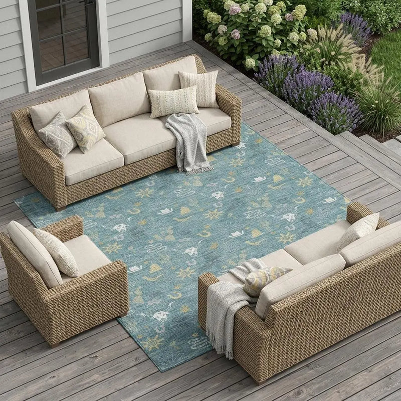 10' X 14' Teal Blue And Wheat Cactus Washable Indoor Outdoor Area Rug Homeroots Outdoor