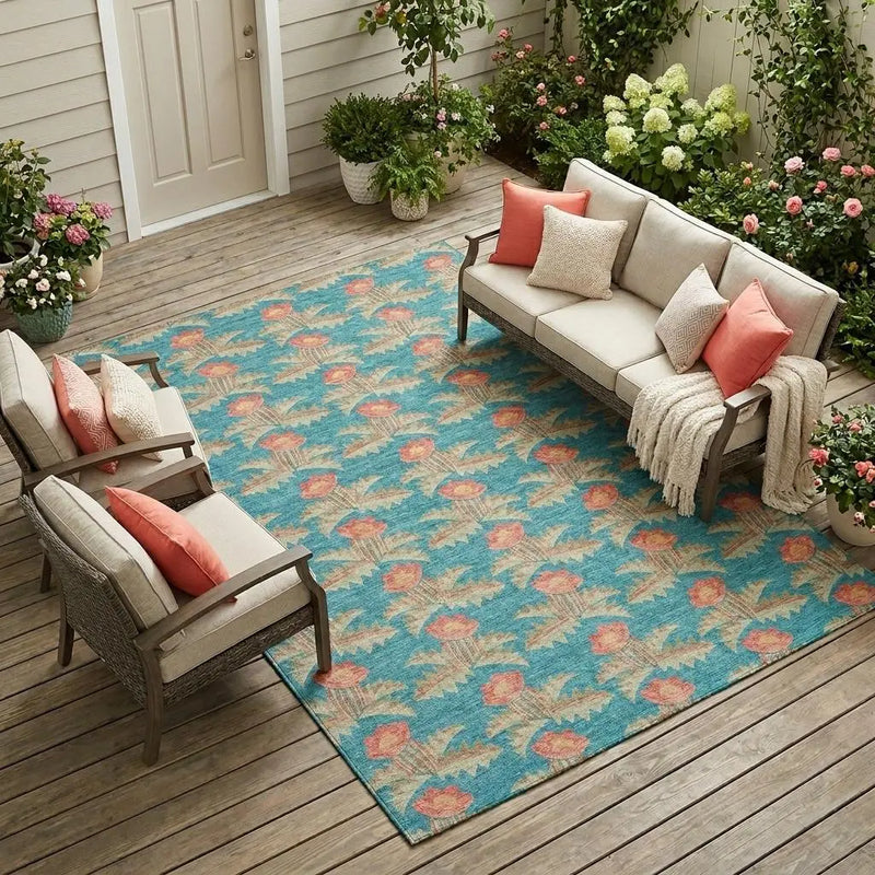 10' X 14' Turquoise And Brown Floral Washable Indoor Outdoor Area Rug Homeroots Outdoor