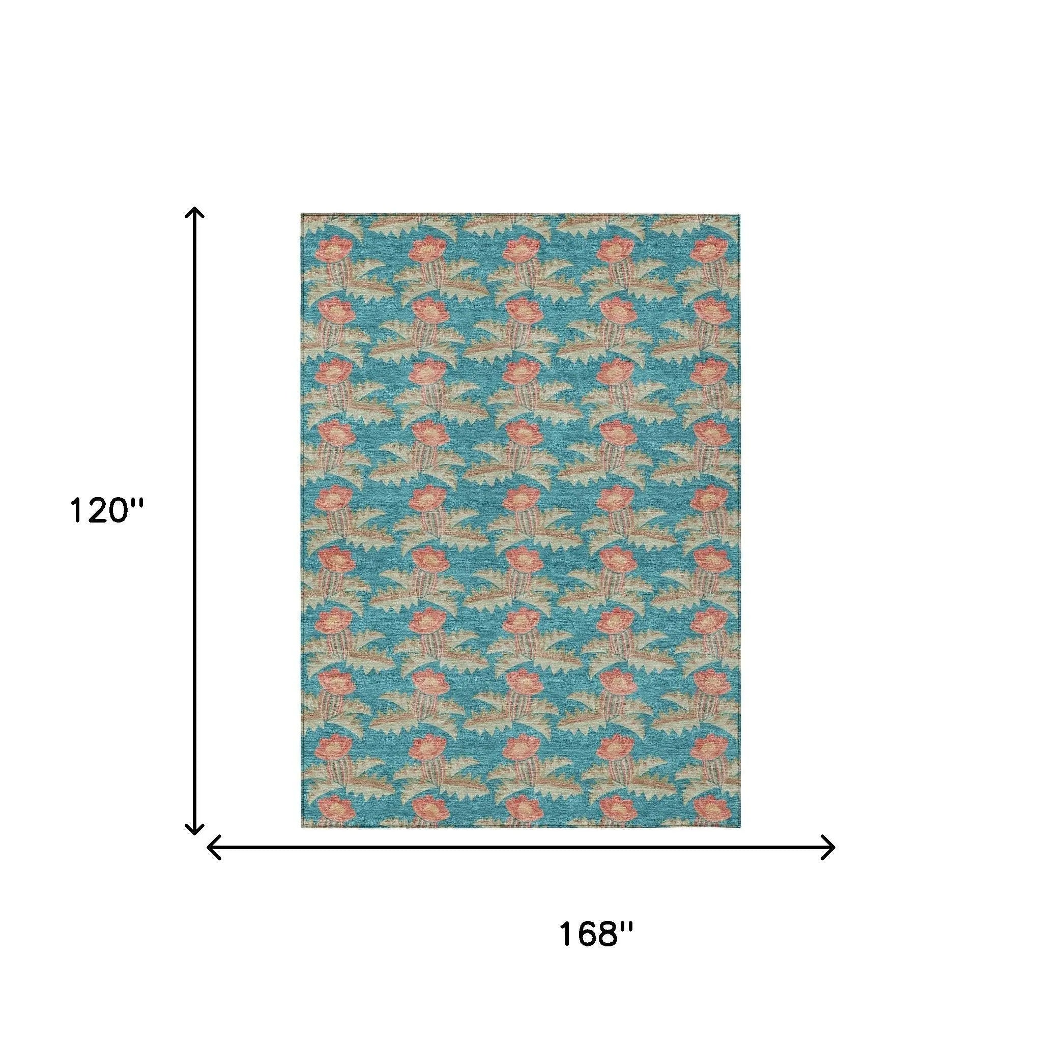 10' X 14' Turquoise And Brown Floral Washable Indoor Outdoor Area Rug Homeroots Outdoor