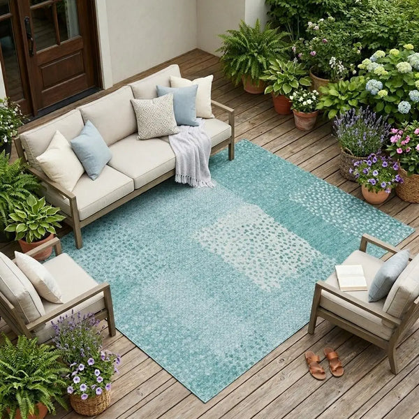 10' X 14' Turquoise And Teal Blue Abstract Washable Indoor Outdoor Area Rug Homeroots Outdoor