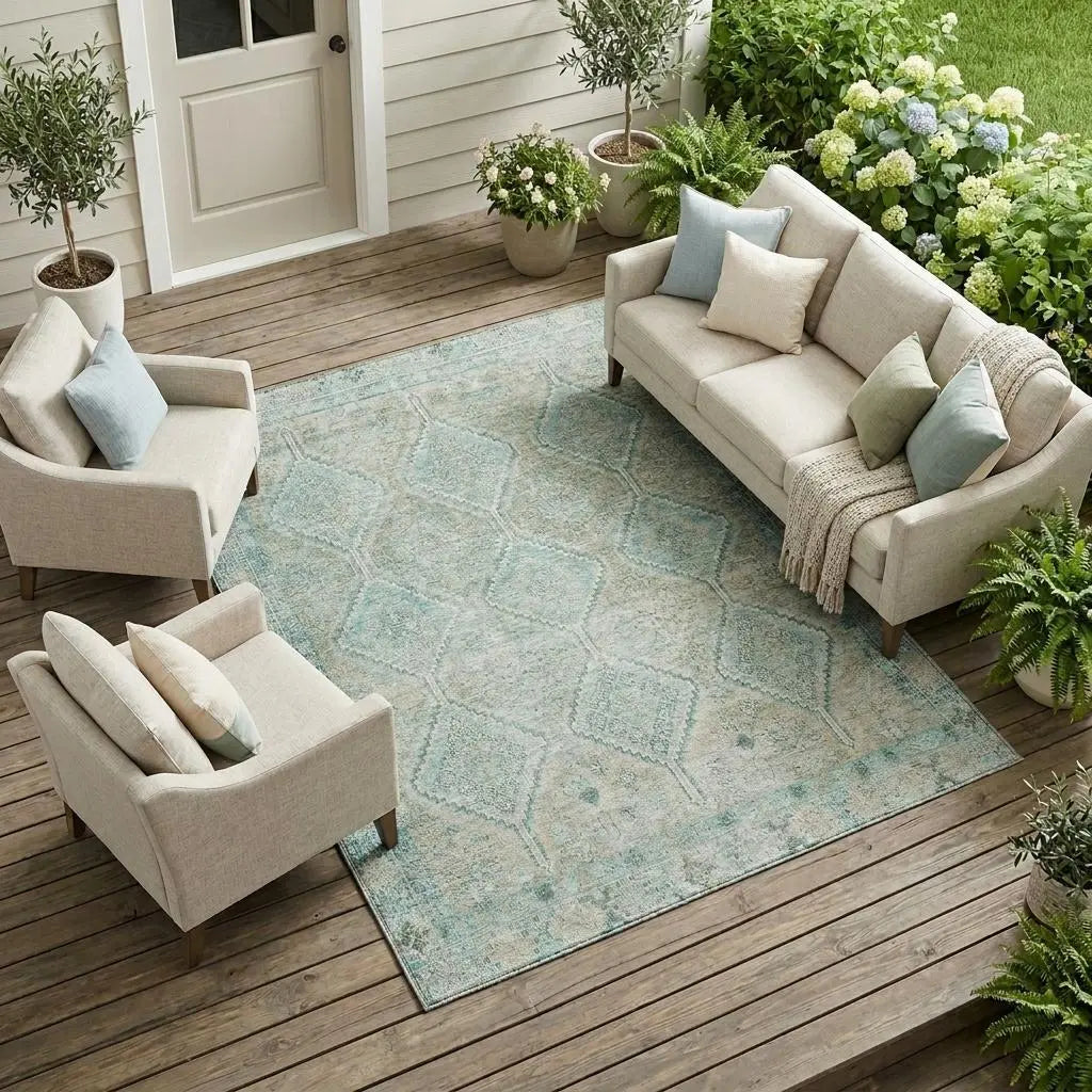 10' X 14' Turquoise And Teal Blue Geometric Washable Indoor Outdoor Area Rug Homeroots Outdoor