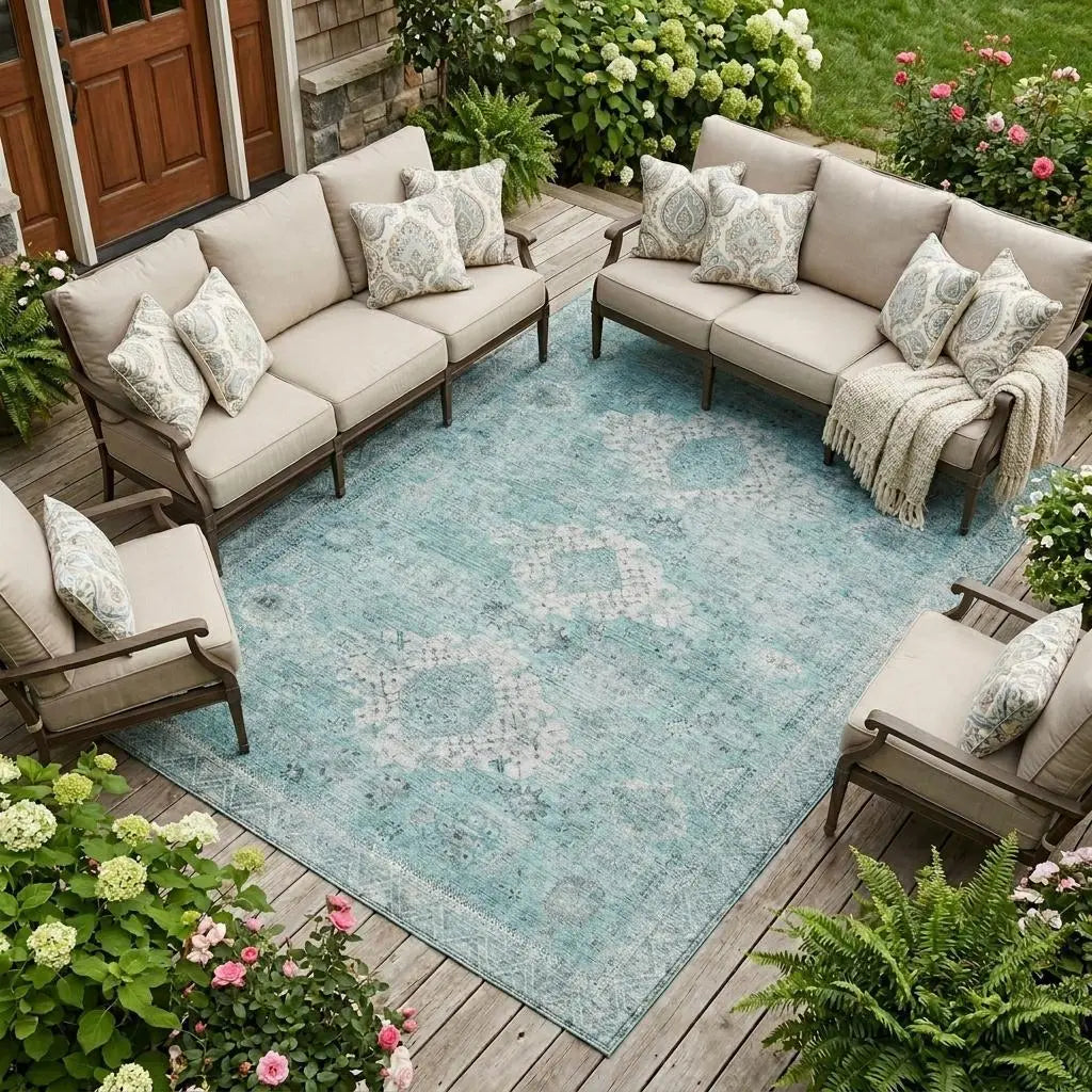 10' X 14' Turquoise And Teal Blue Oriental Washable Indoor Outdoor Area Rug Homeroots Outdoor