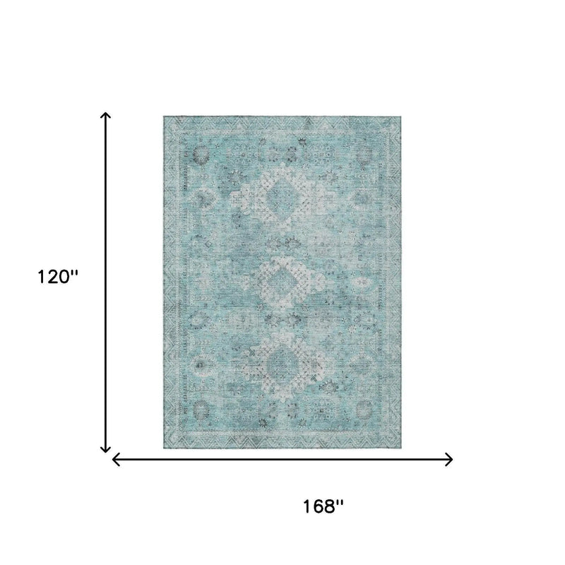 10' X 14' Turquoise And Teal Blue Oriental Washable Indoor Outdoor Area Rug Homeroots Outdoor