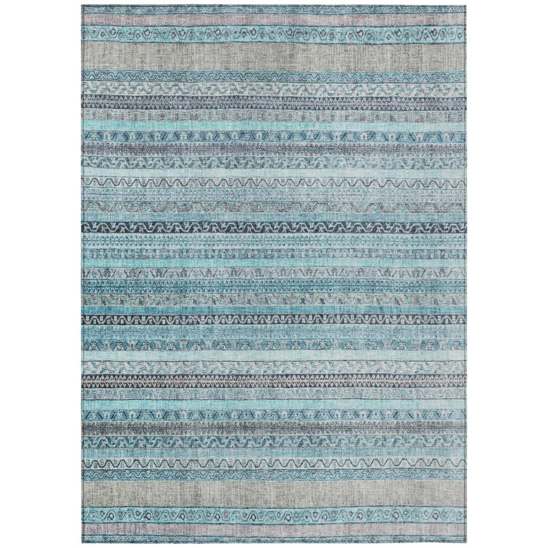 Blue and gray geometric patterned area rug, soft synthetic fibers, bohemian style, perfect for living rooms.